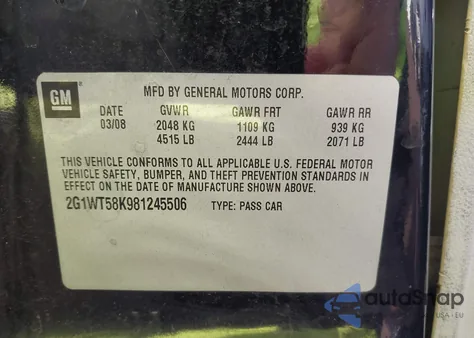 2008 Chevrolet Impala Lt из США, поврежденный, VIN 2G1WT58K981245506